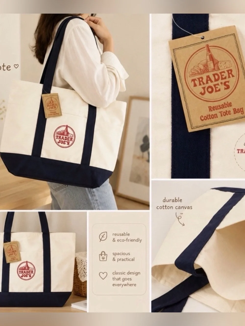 🌺 NWT! Trader Joe's Large Reusable Cream and Navy Canvas Tote Bag